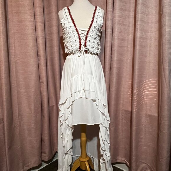 Monaco Boho-Style White M Maxi Dress Pearl Lace High-Low Corset Made in France - Picture 1 of 16